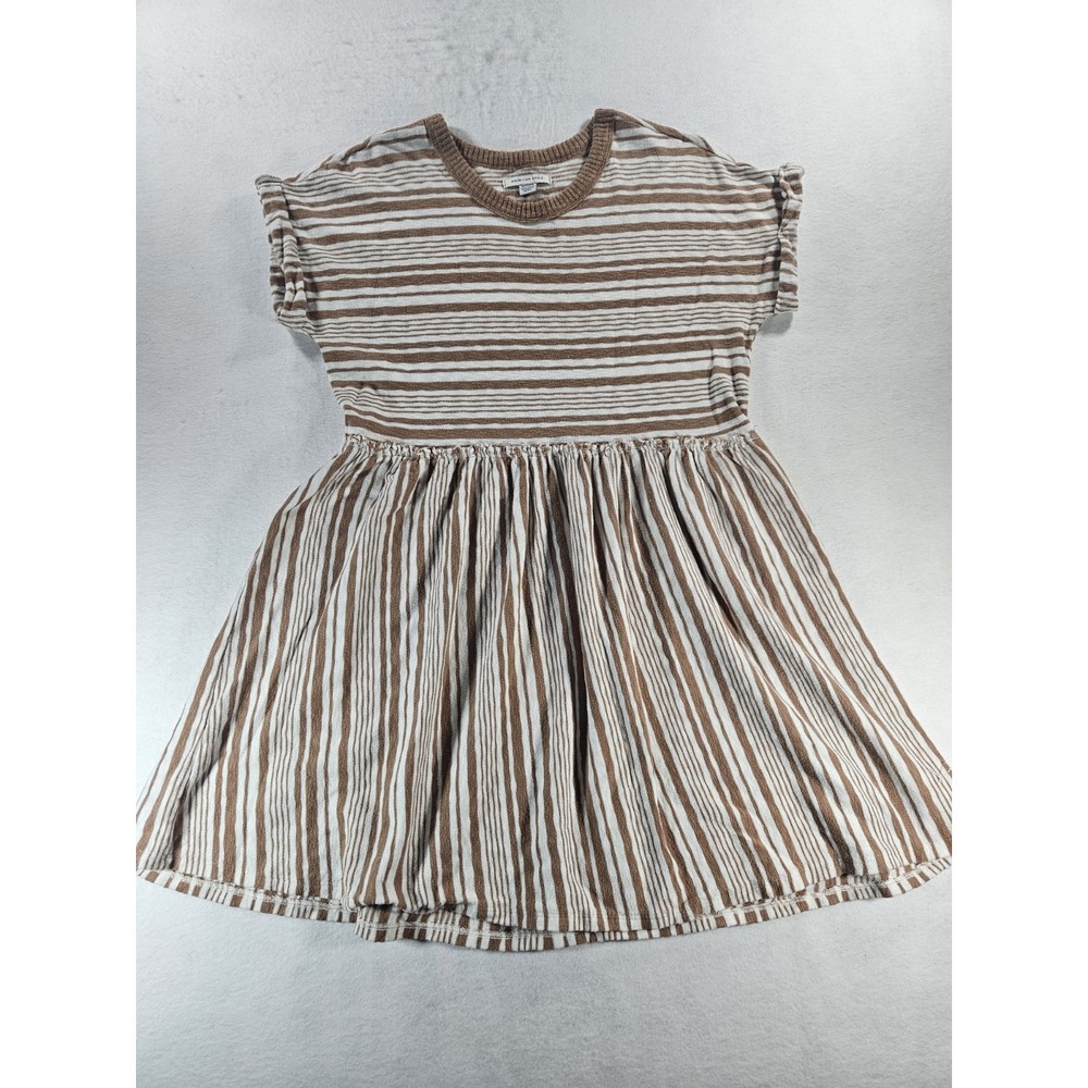 American Eagle 100% Cotton Women Sz XS‎ Babydoll Mini Dress Smocked Tan Peasant